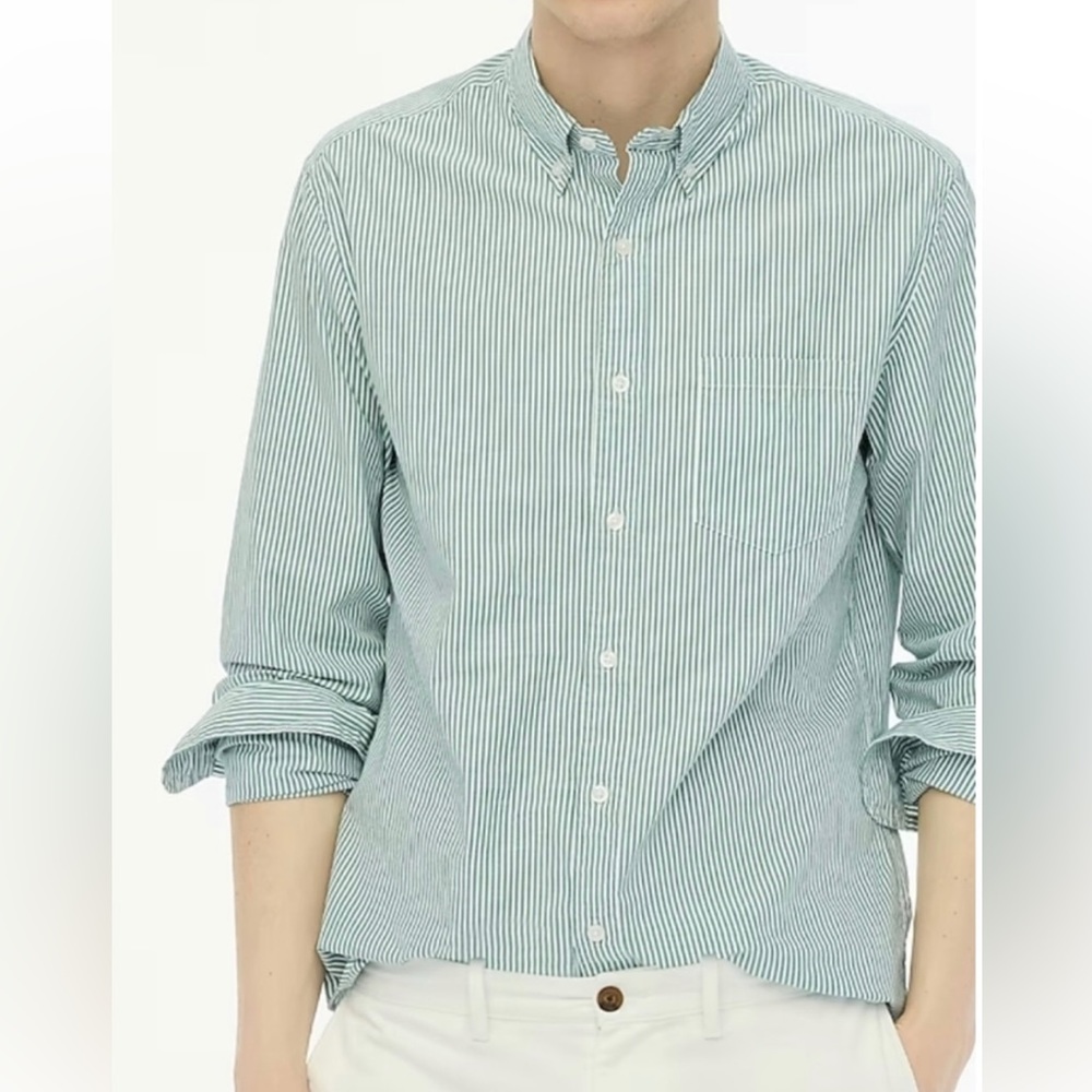 J. Crew Linen Long Sleeve Green Stripe Button down Shirt sz L